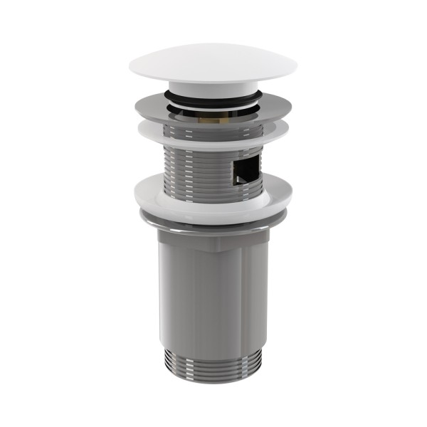 Донный клапан сифона для умывальника CLICK/CLACK 5/4", цельнометаллический с переливом и большой белой заглушкой