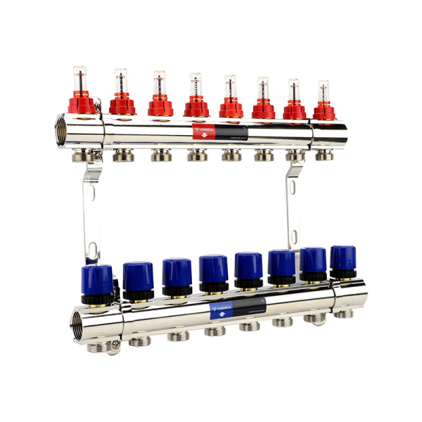 Коллекторная группа из латуни с расходомерами и регулирующими клапанами