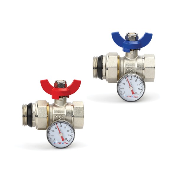 Комплект прямых шаровых кранов с разъемным соединением, с термометром 1" х 1"