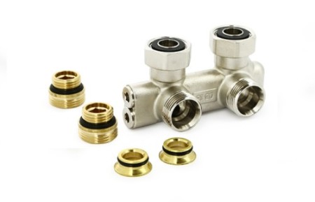 Узел угловой перекрёстный НВ радиаторный со встроенными запорными вентилями, с ниппелями и адаптерам